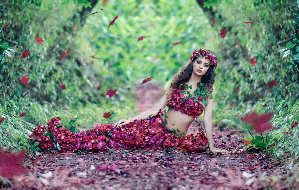 Autumn, leaves, girl, flowers, Alessandro Di Cicco