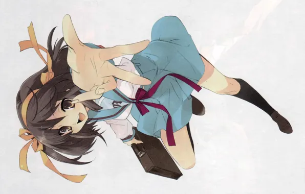 Joy, knee, portfolio, bow, gesture, school uniform, sailor, Haruhi Suzumiya