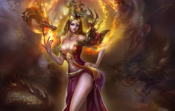 Girl, decoration, fire, dragon, art, rongrong wang, rong rong