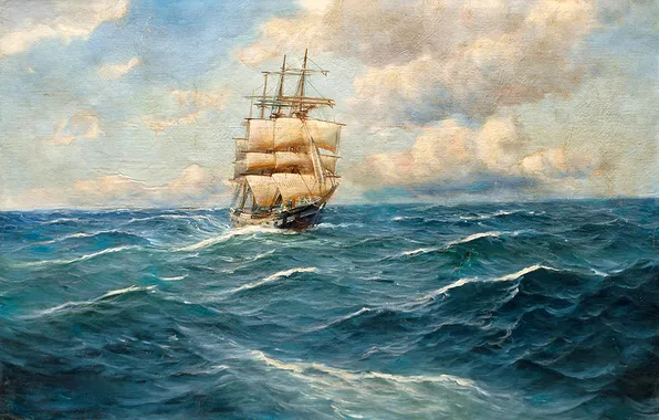 Picture sea, the sky, landscape, ship, picture, sails, Alfred Jansen