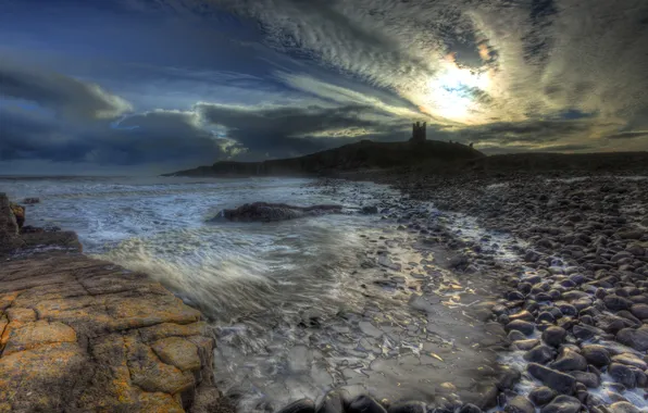 Picture sea, the sky, sunset, clouds, stones, castle, coast, England