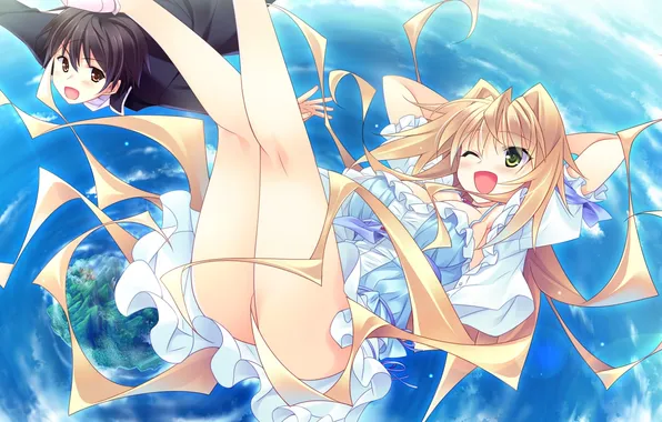 The sky, girl, clouds, flight, art, guy, hibarigaoka itsuki, guardian place