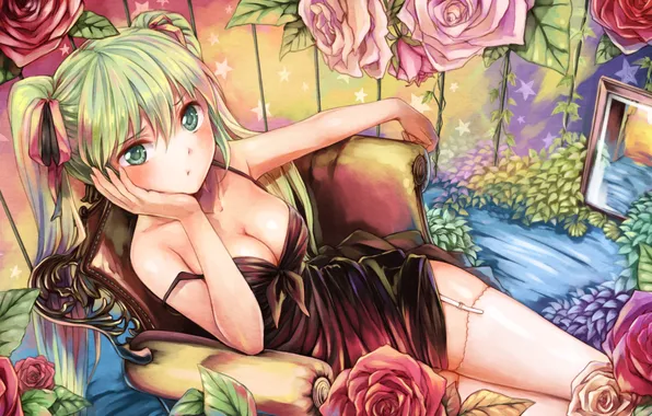 Girl, flowers, roses, chair, stockings, chair, vocaloid, hatsune miku