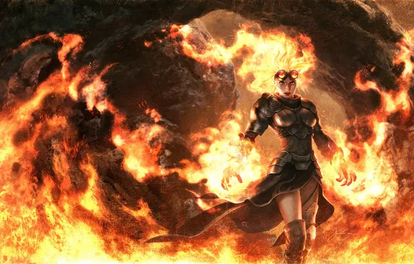 Girl, fire, flame, magic, The game, art, Magic: The Gathering