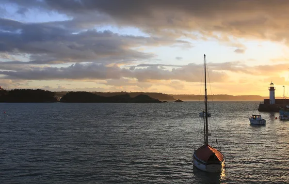 Sea, dawn, lighthouse, boats, Bay