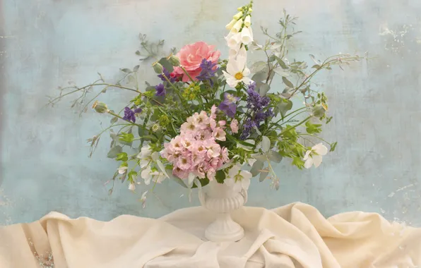 Bouquet, fabric, vase, still life, wildflowers