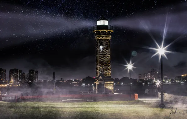 Stars, night, the city, lighthouse, rays of light