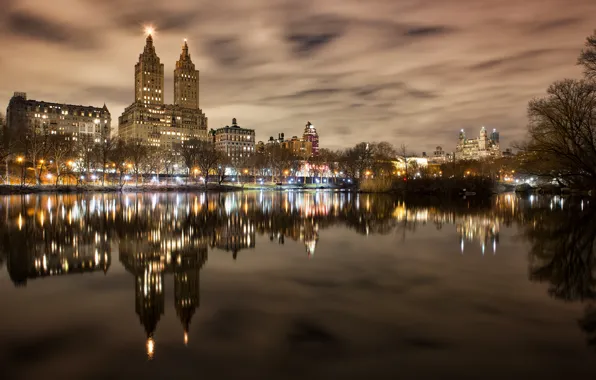 Picture clouds, night, the city, lights, reflection, shore, building, home