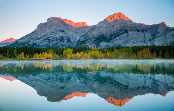 Autumn, forest, landscape, sunset, mountains, fog, lake, Canada