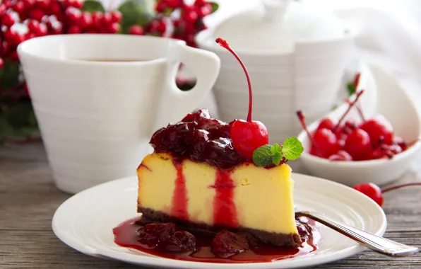 Picture cherry, mint, sauce, cherry, mint, sauce, A slice of cheese cake with cherry sauce, A …