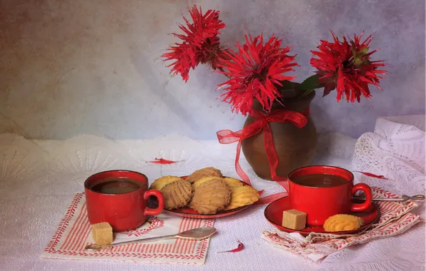 Flowers, red, style, tea, color, texture, cookies, Cup