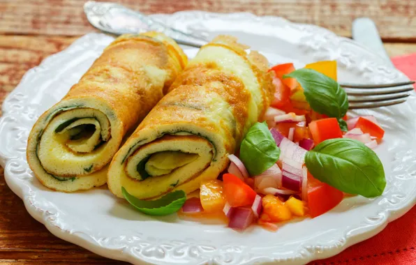 Vegetables, roll, omelette