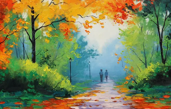 Picture landscape, lights, track, alley, falling leaves, date, a couple in love, in the distance