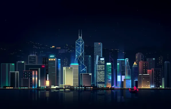 Picture Reflection, Sea, Hong Kong, Night, Vector, The city, Neon, Ship