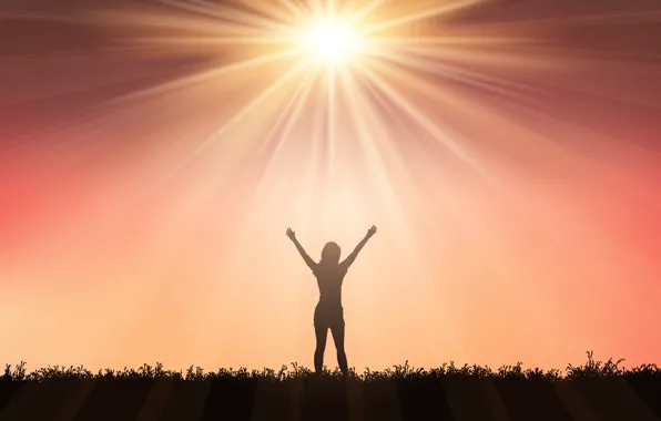 Sunset, The sun, The sky, Girl, Grass, Silhouette, Joy, Back