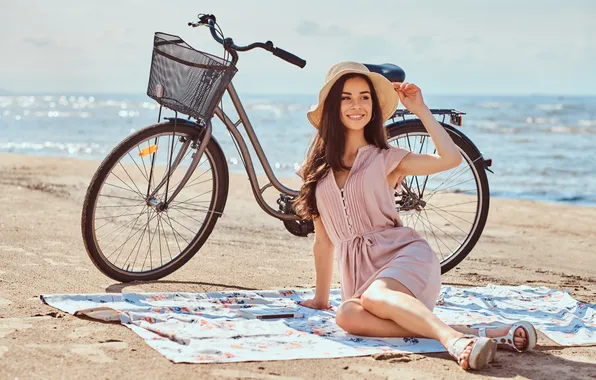 Girl, beach, dress, hat, brunette, smiling, sitting