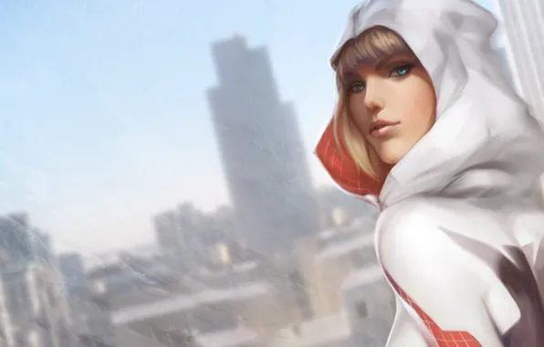 Girl, face, hood, art, marvel comics, Gwen Stacy, Edge of Spider-Verse, spider gwen