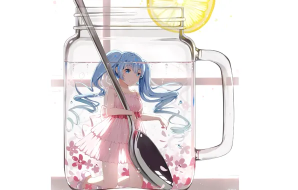 Picture water, smile, lemon, spoon, mug, white background, flowers, vocaloid