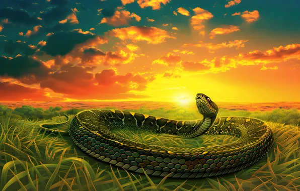 The sun, Clouds, Grass, Snake, Dawn, Face, Art, Reptile