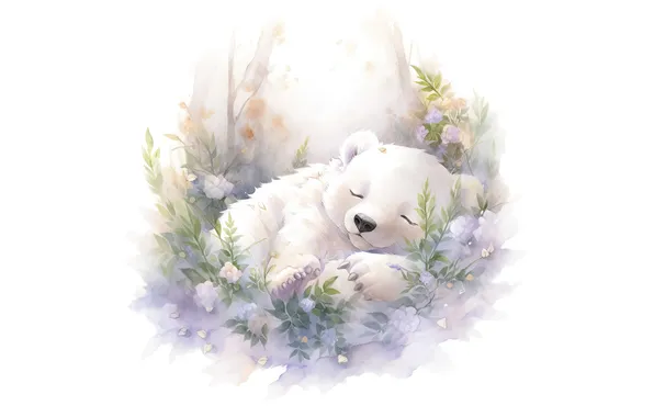 Flowers, tenderness, sleep, bear, watercolor, sleeping, white background, bear