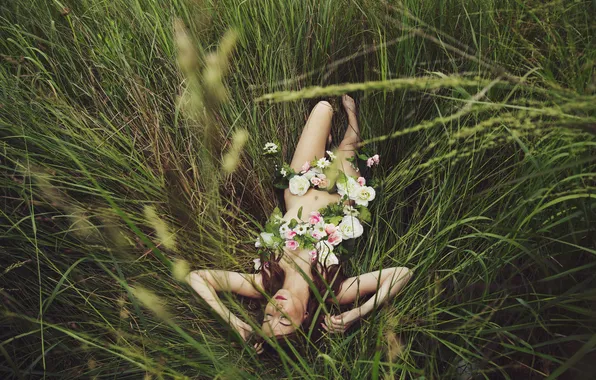 Field, summer, girl, flowers