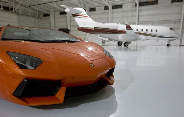 Orange, reflection, shadow, Lamborghini, hangar, the plane, the front, orange