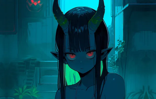 Monster, red eyes, black hair, demoness, in the dark, evil eye, Horny, youkai