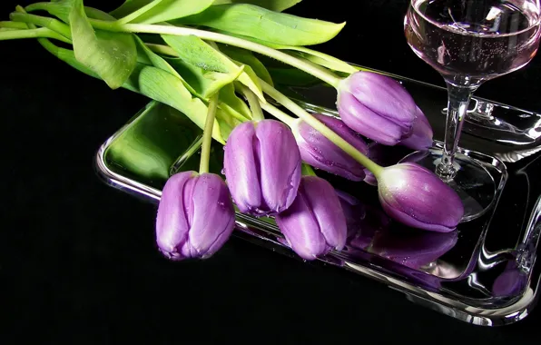 Flowers, wine, glass, tulips, tray
