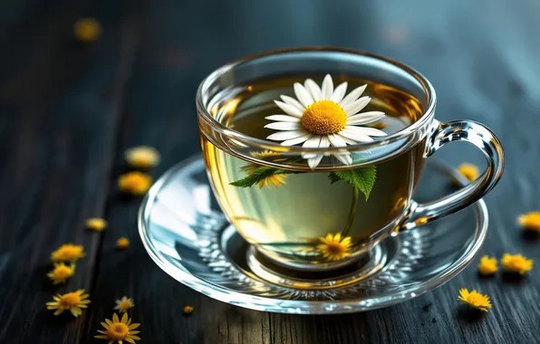 Glass, transparency, flowers, table, Board, Daisy, mug, Cup