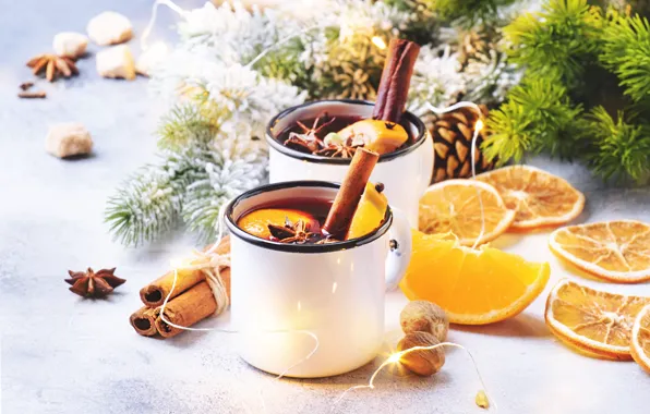 Light, branches, table, hot, oranges, Christmas, New year, sugar