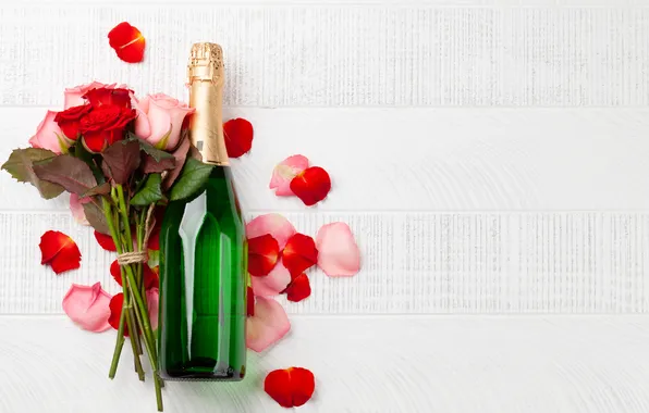 Love, flowers, gift, romance, roses, love, champagne, happy