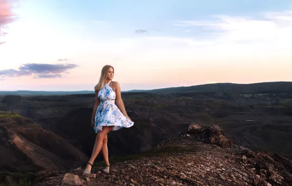 Picture nature, hills, dress, blonde, legs, long hair, Sergey Zvyagin