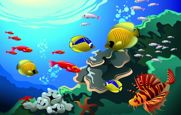 Sea, the sun, fish, corals, underwater world