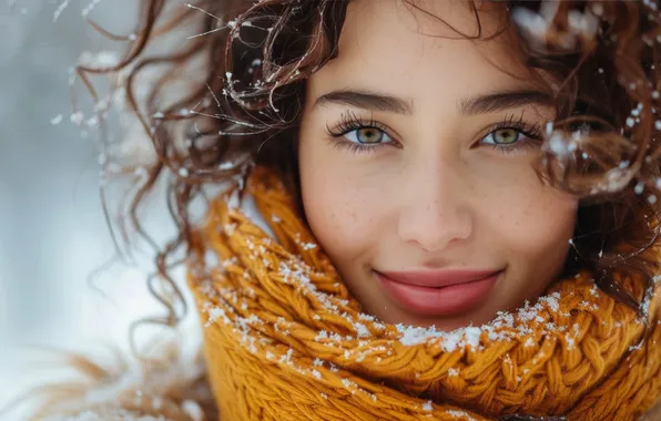 Winter, look, girl, snow, orange, yellow, face, eyelashes