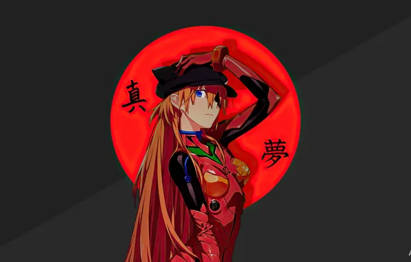 Anime, cap, grey background, gesture, Neon Genesis Evangelion, girls, anime, fan art