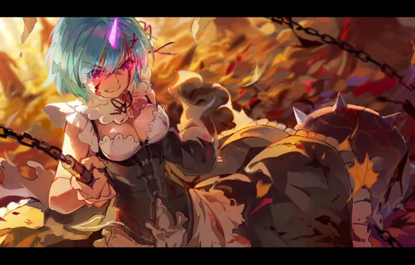 The demon, rage, chain, neckline, the battle, the maid, horn, burning eyes