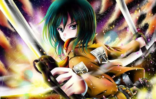 Picture look, bright colors, girl, swords, dissatisfaction, art, aka kitsune, shingeki no kyojin