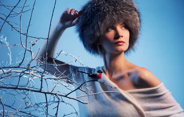Winter, look, girl, branches, bird, hat, fashion, bullfinch