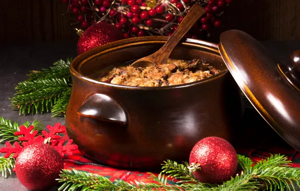 Balls, balls, mushrooms, tree, meat, New year, Christmas, decor