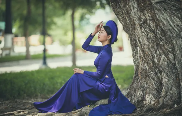 Picture girl, nature, Asian, sitting, blue