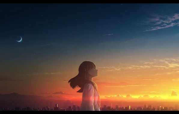 Girl, sunset, the city, Crescent
