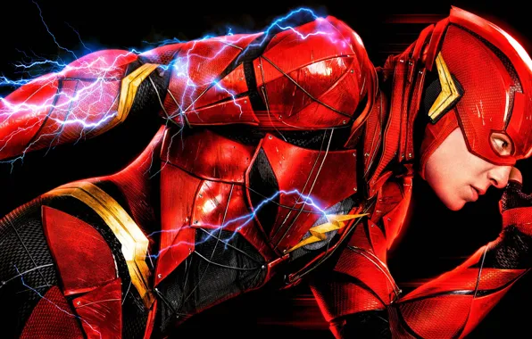 Red, fiction, sparks, costume, black background, poster, comic, DC Comics