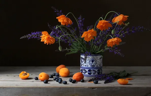 Flowers, the dark background, Maki, bouquet, fruit, still life, apricots