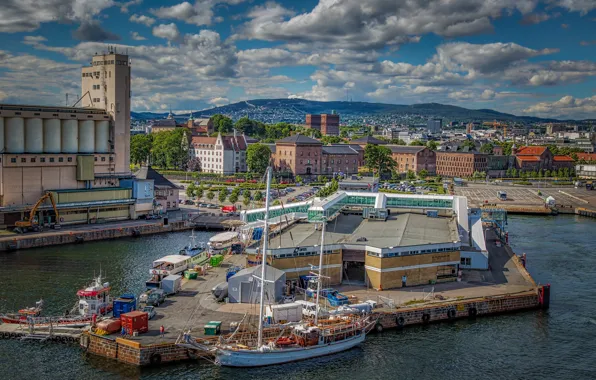 Clouds, ship, pier, Norway, Oslo