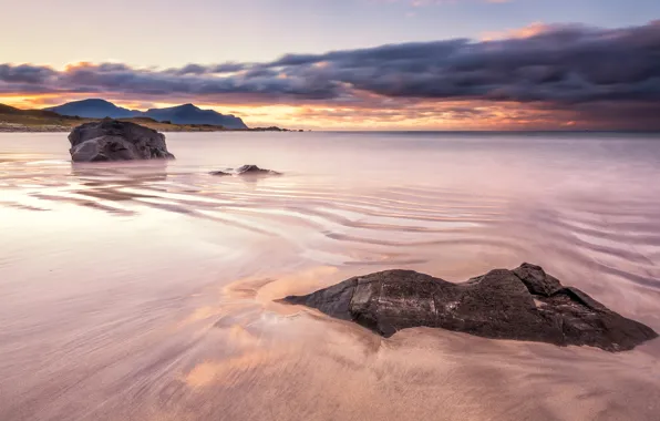 Sand, sea, wave, beach, the sky, clouds, landscape, sunset