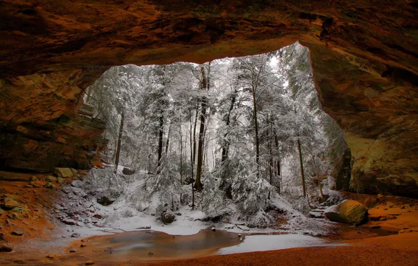 Winter, snow, trees, rock, arch, USA, Ohio, Vinton