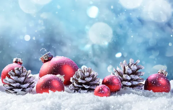 Winter, snow, decoration, balls, tree, New Year, Christmas, happy