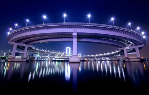Night, bridge, lights, reflection, Japan, backlight, Tokyo, lights