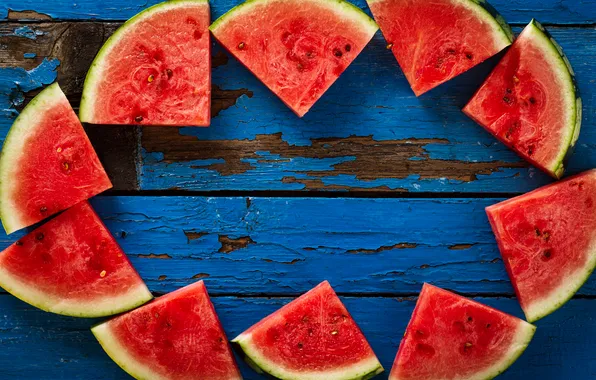 Cracked, Board, paint, watermelon, blue background, slices, slices, laid out