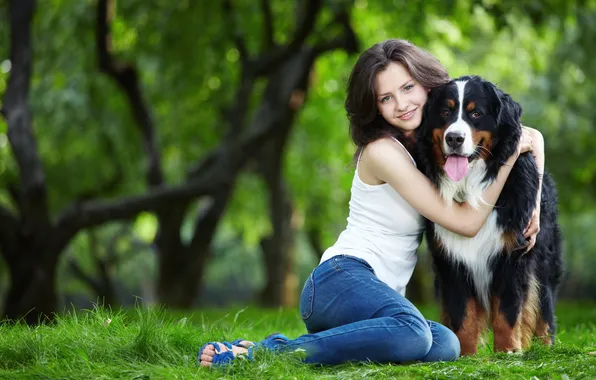 Grass, girl, smile, Park, dog, brown hair, t-shirt